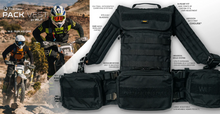 Load image into Gallery viewer, Two riders wearing Pack Vests in the background with a large image of a Pack Vest with feature descriptions in the foreground