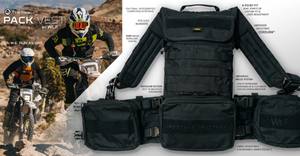 Two riders wearing Pack Vests in the background with a large image of a Pack Vest with feature descriptions in the foreground