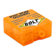 An orange plastic box with the BOLT brand logo and text indicating it contains body work fasteners for motorcycles, along with an image of a motorcycle and a seat.